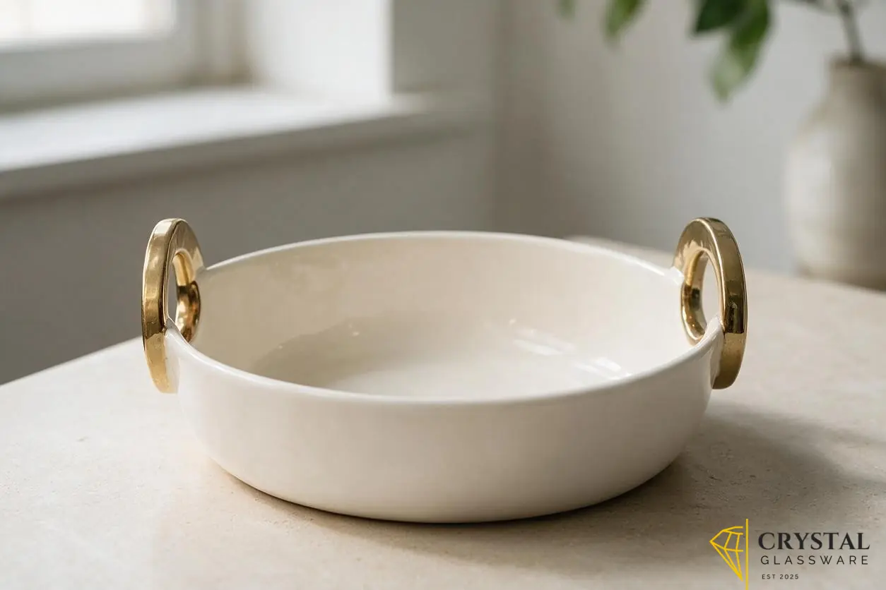 Elegant Porcelain Serving Bowl with Gold-Tone Handles — Crystal Glassware Pakistan